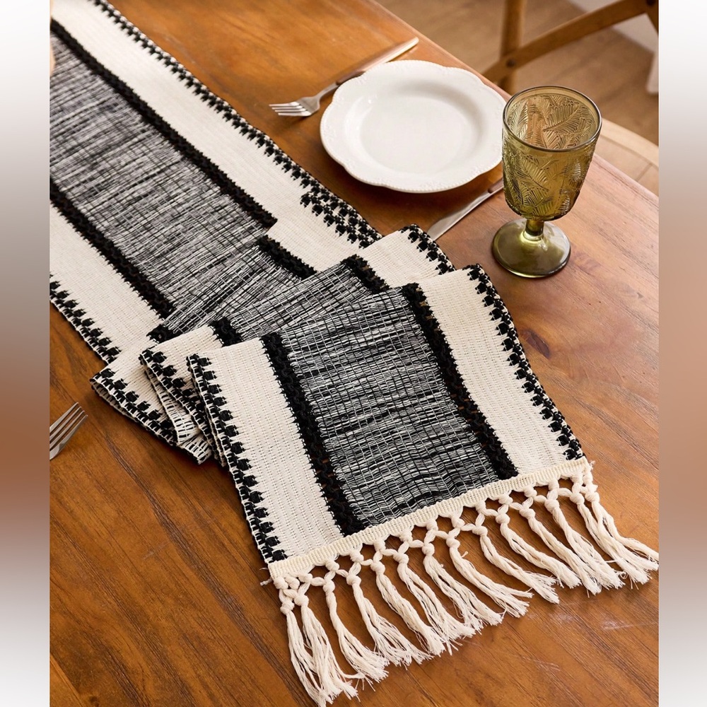 Boho Black & Cream Woven Table Runner | 30x220cm | Fringe | Seats 6–8